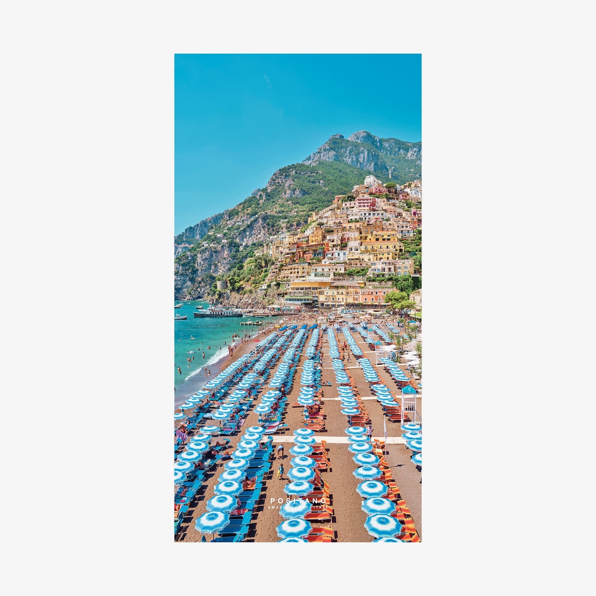 Positano beach with blue umbrellas and colorful cliffside village, Amalfi Coast Italy, quick-dry beach towel by Remy Gerega