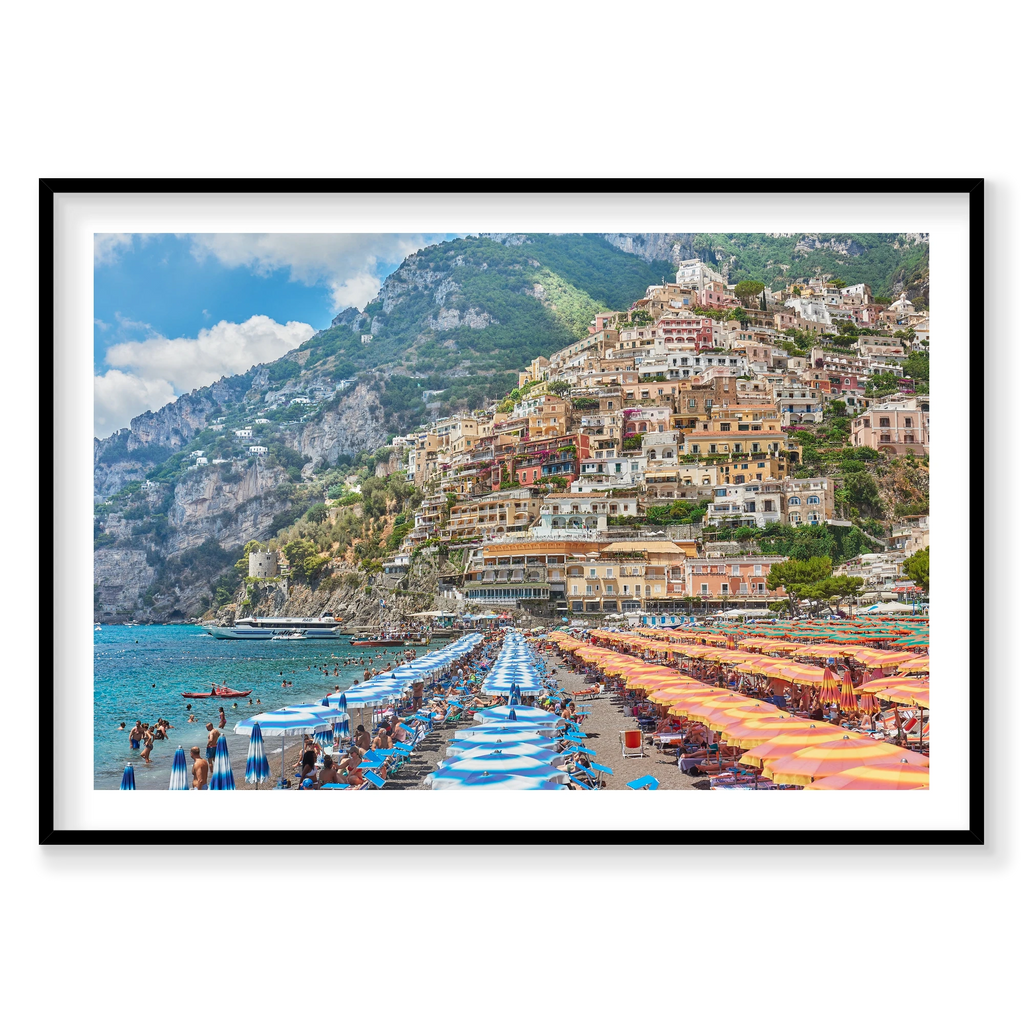 Positano Umbrellas, Amalfi Coast, Horizontal Print, black Victorian Ash frame