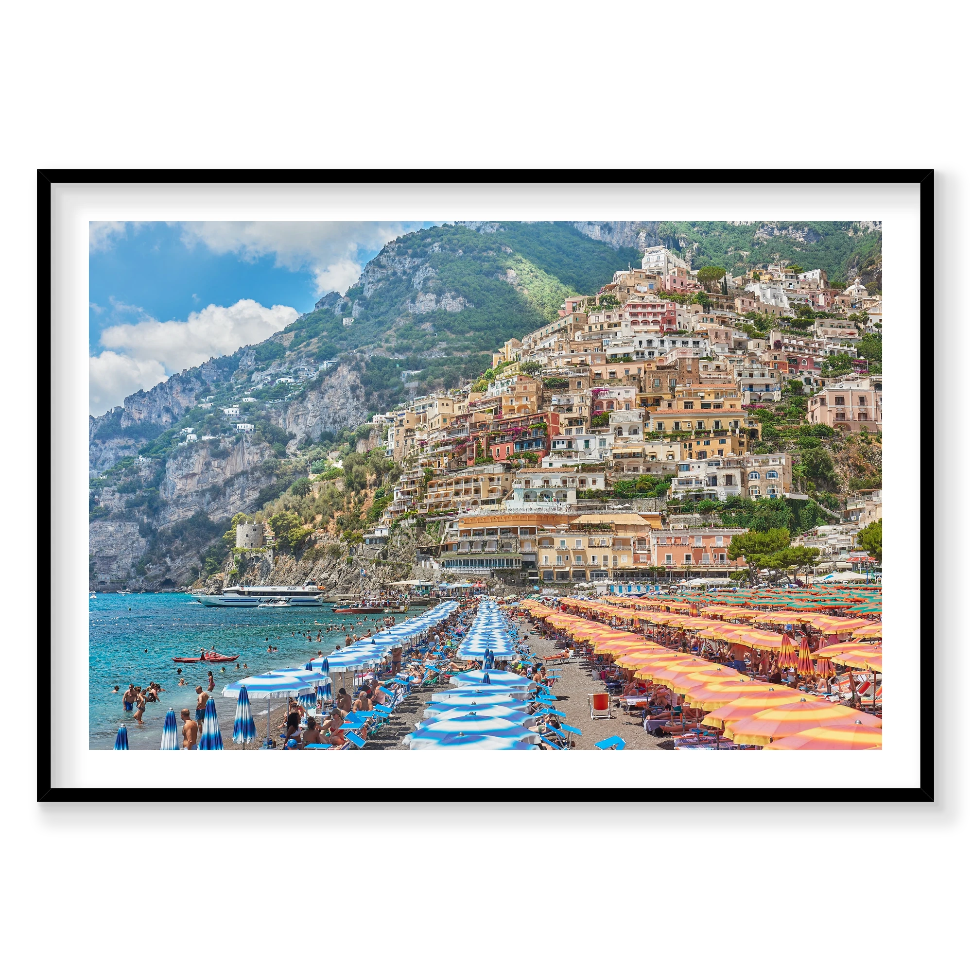 Positano Umbrellas, Amalfi Coast, Horizontal Print, black Victorian Ash frame