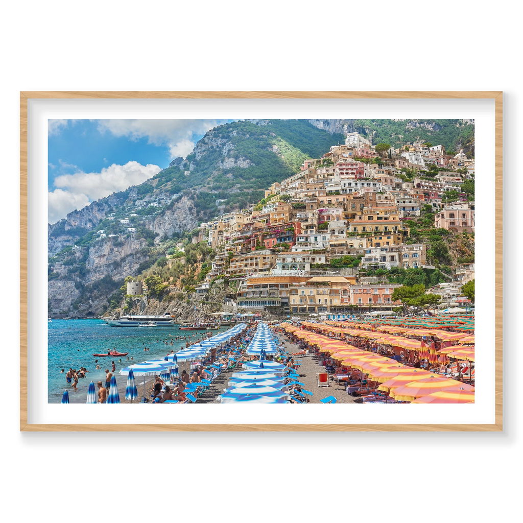 Positano Umbrellas, Amalfi Coast, Horizontal Print, natural Victorian Ash frame