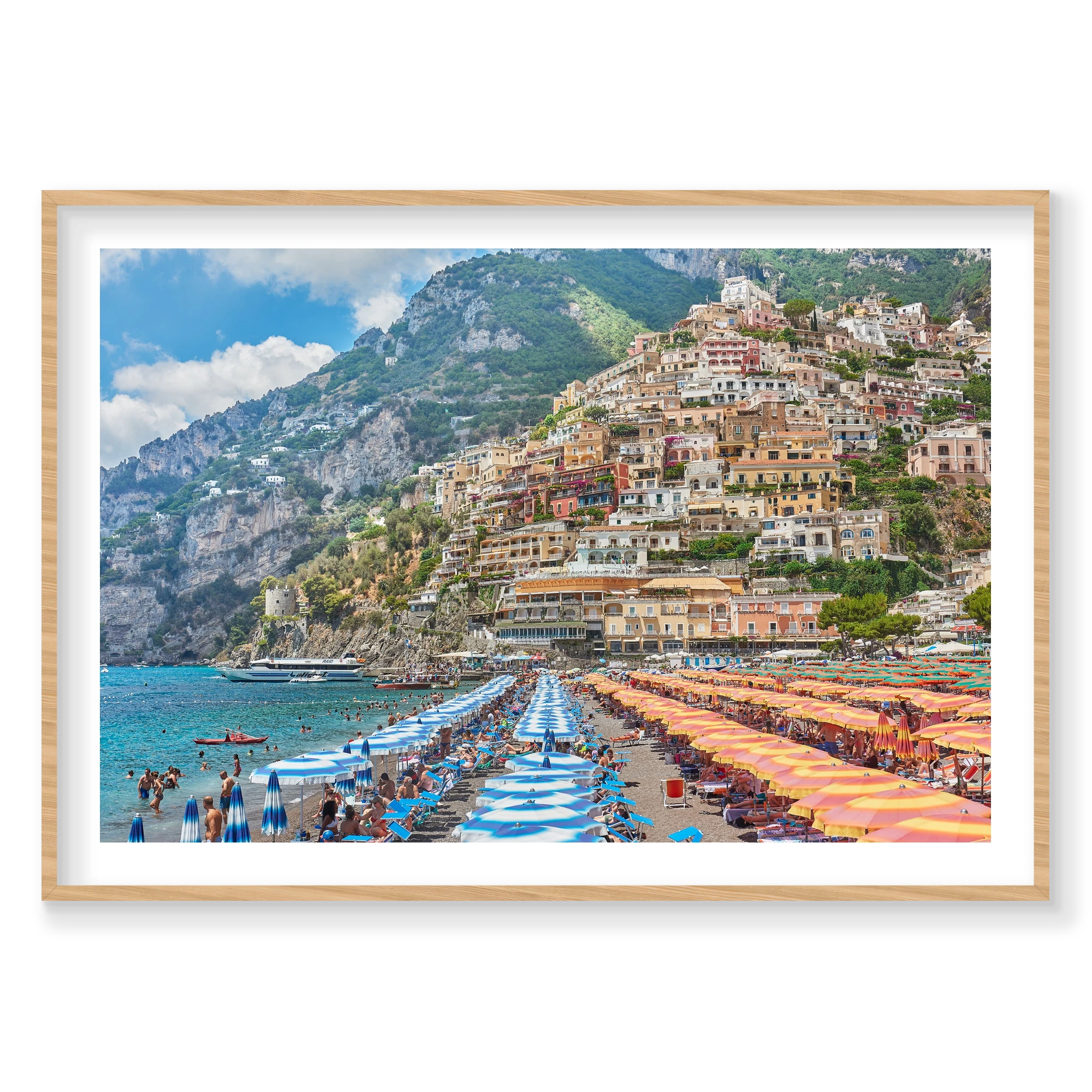 Positano Umbrellas, Amalfi Coast, Horizontal Print, natural Victorian Ash frame