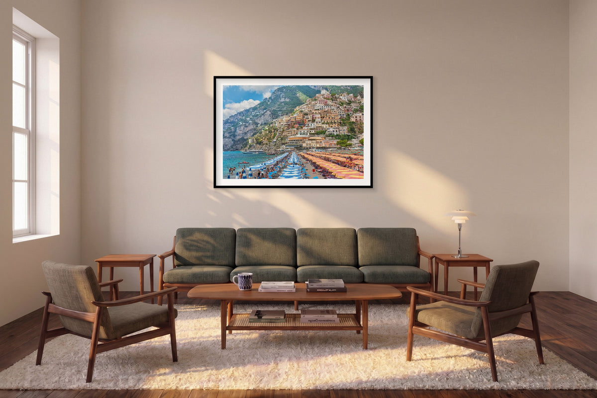 Positano Umbrellas, Amalfi Coast, Horizontal Print shown framed in a living room