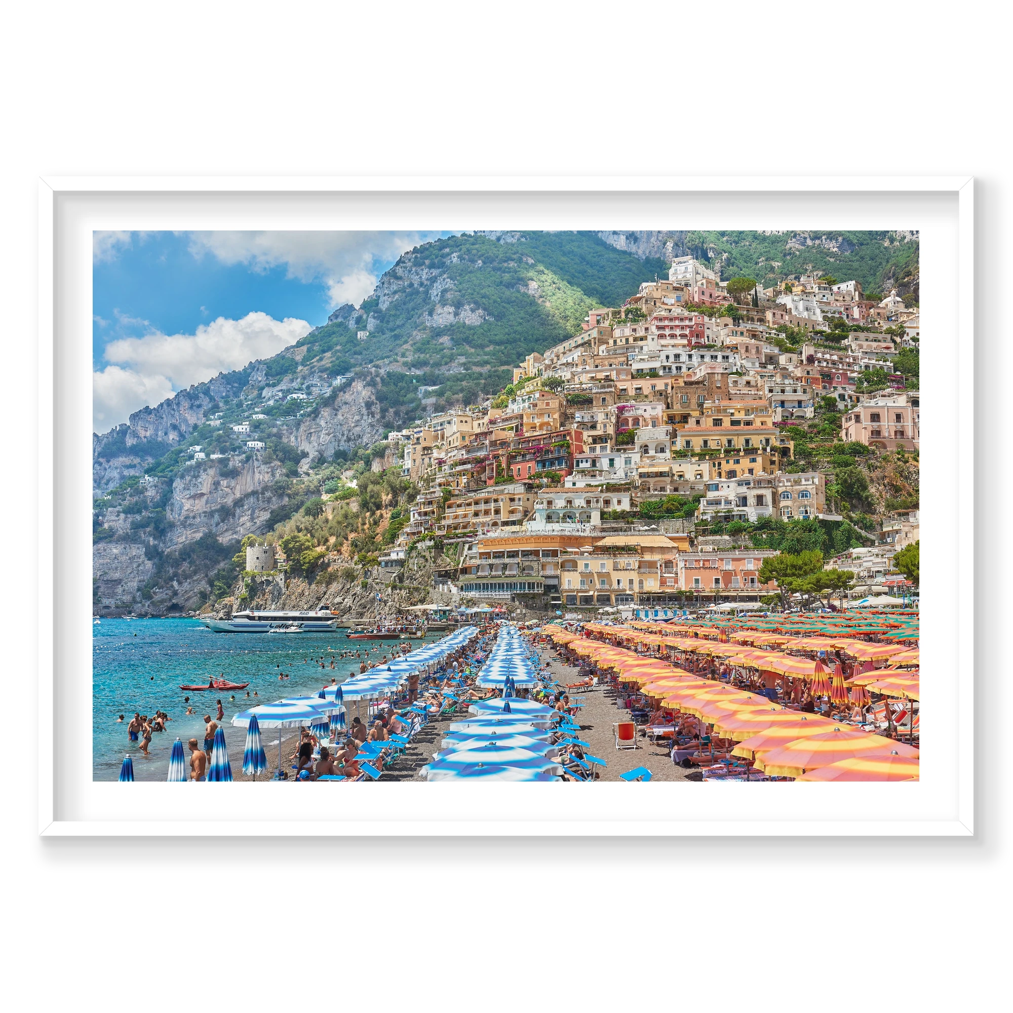 Positano Umbrellas, Amalfi Coast, Horizontal Print, white Victorian Ash frame