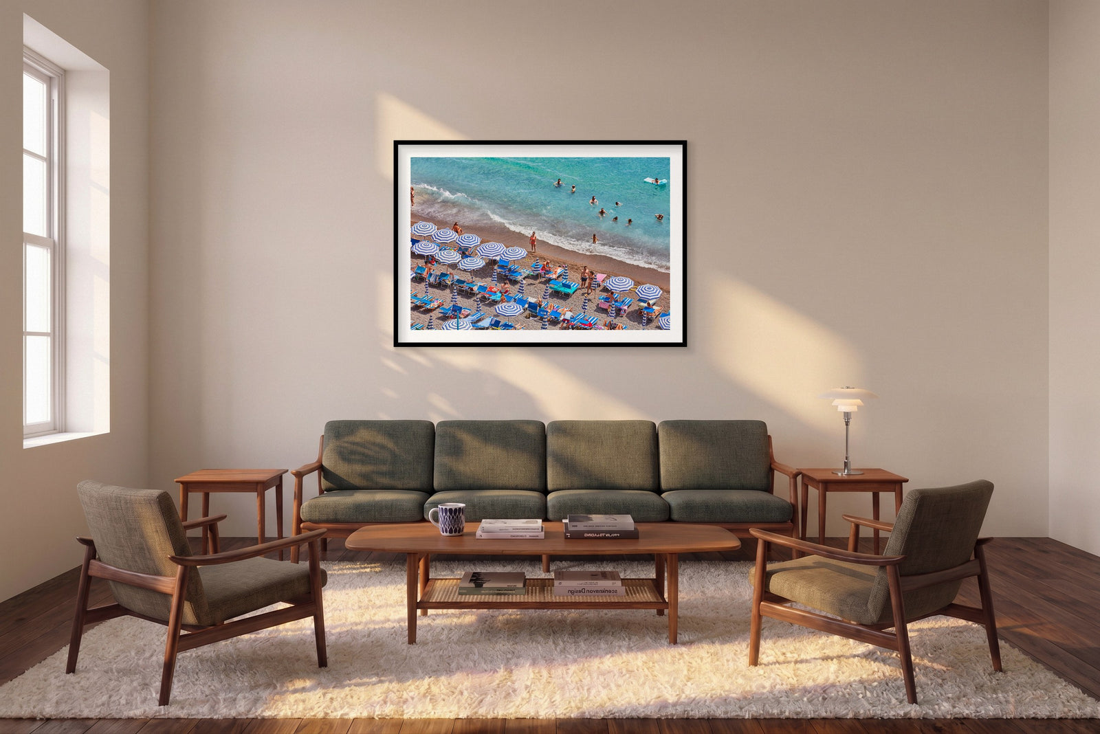 Positano Swimmers, Amalfi Coast, Horizontal Print shown framed in a living room