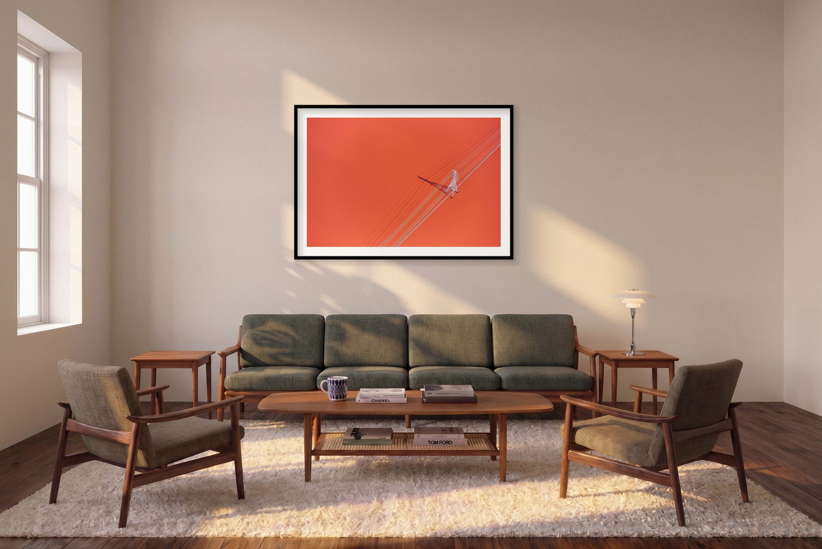 Power Lines, San Francisco Bay, Horizontal Print shown framed in a living room