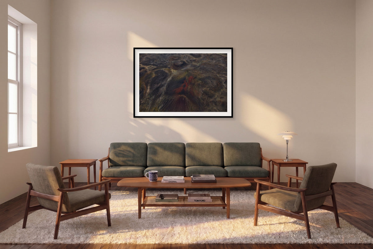 Red Earth, Iceland, Horizontal Print shown framed in a living room