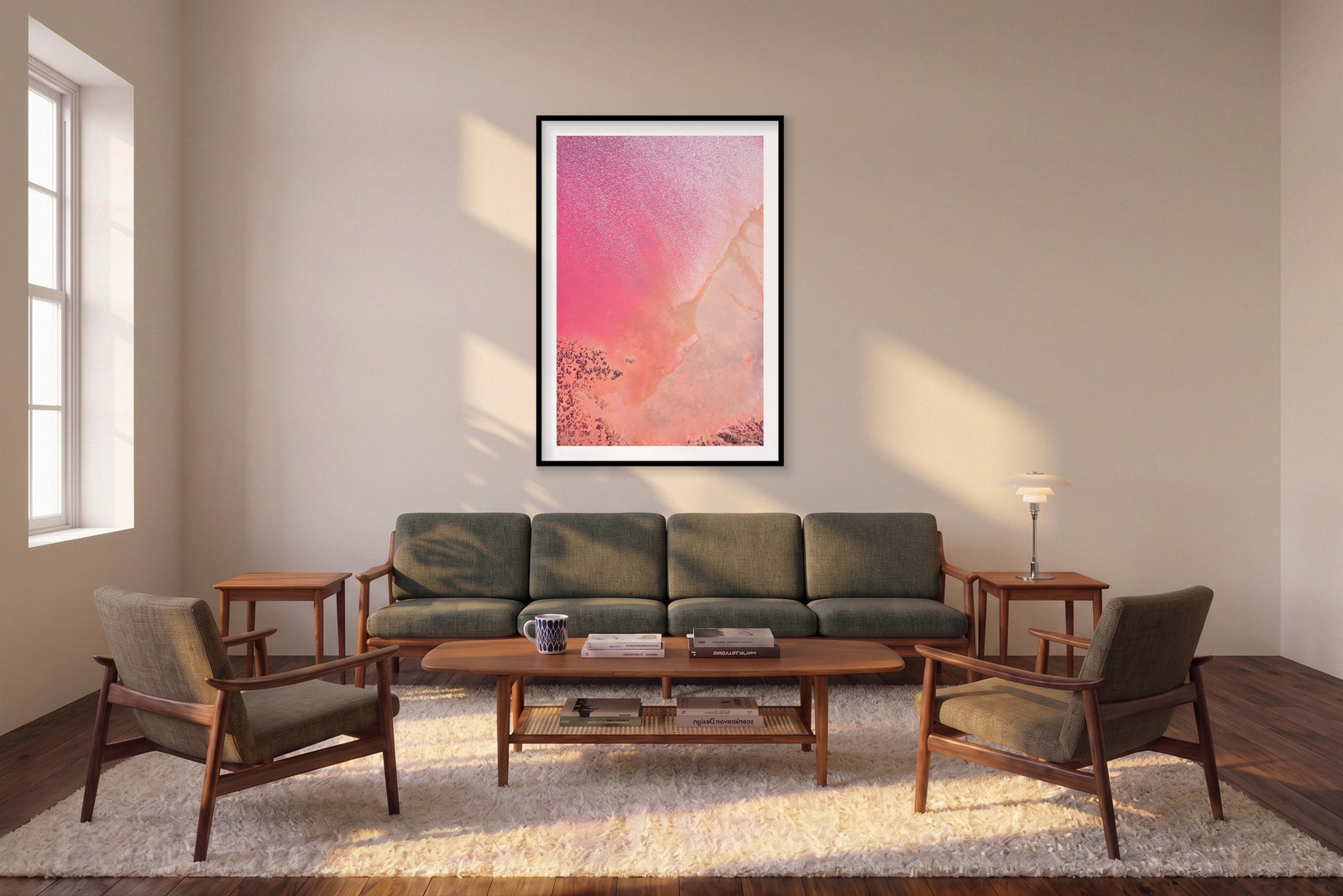 Reflections, Hutt Lagoon, Vertical Print shown framed in a living room
