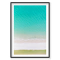 Aerial view of Whitehaven Beach layered turquoise water, white sand and coastal grass, photography print by Remy Gerega