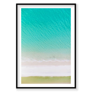 Aerial view of Whitehaven Beach layered turquoise water, white sand and coastal grass, photography print by Remy Gerega