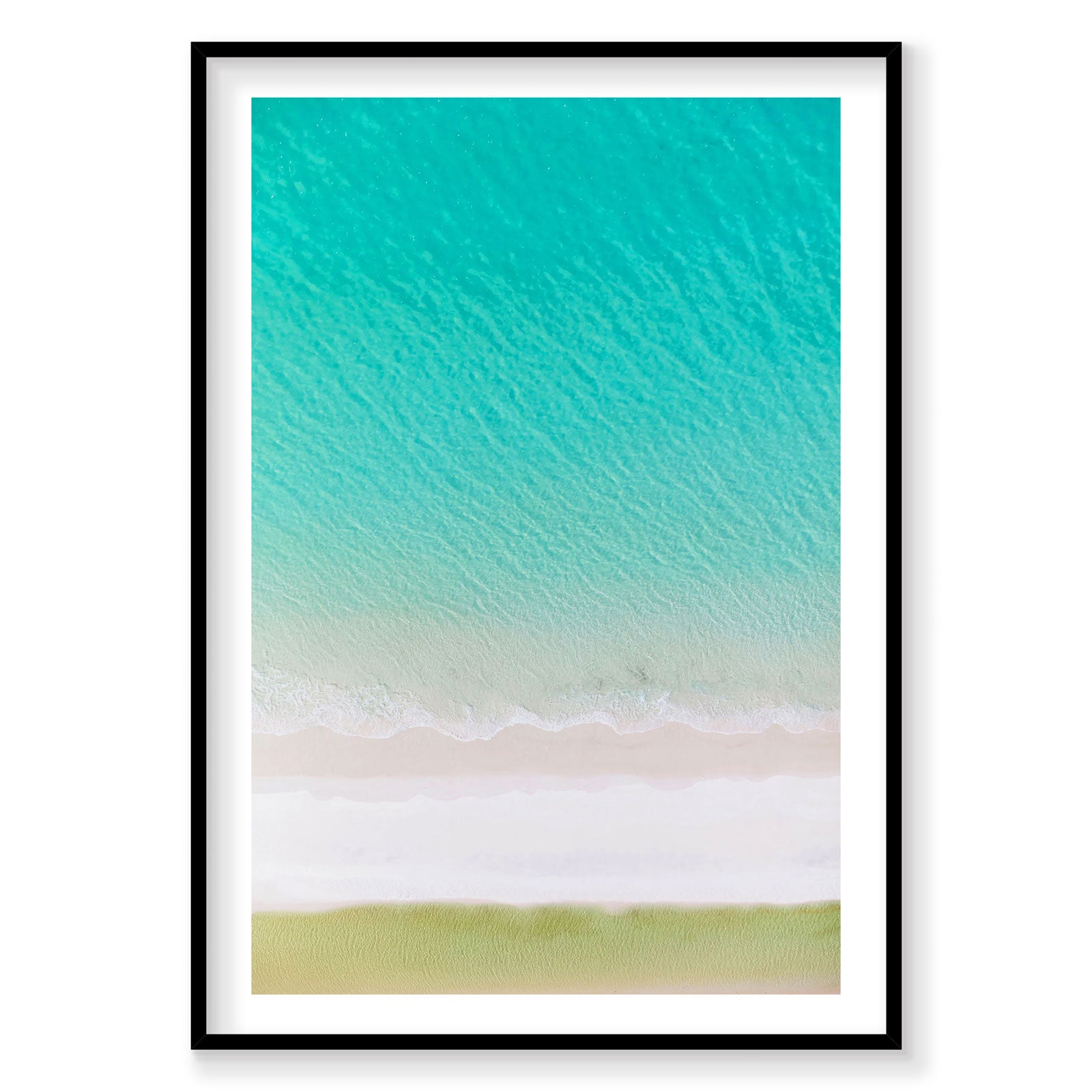 Aerial view of Whitehaven Beach layered turquoise water, white sand and coastal grass, photography print by Remy Gerega