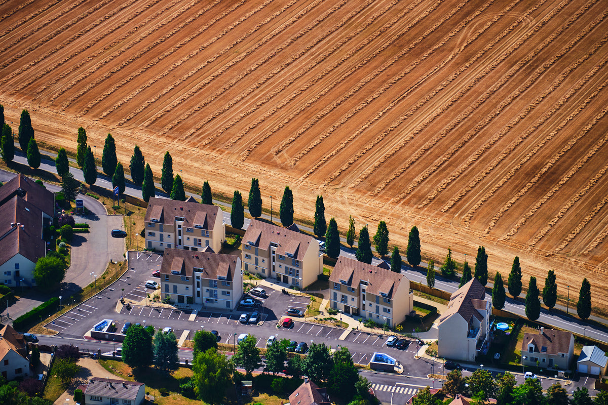 A row of houses and tall trees beside a harvested golden field in the Paris region, photographed from above; print only
