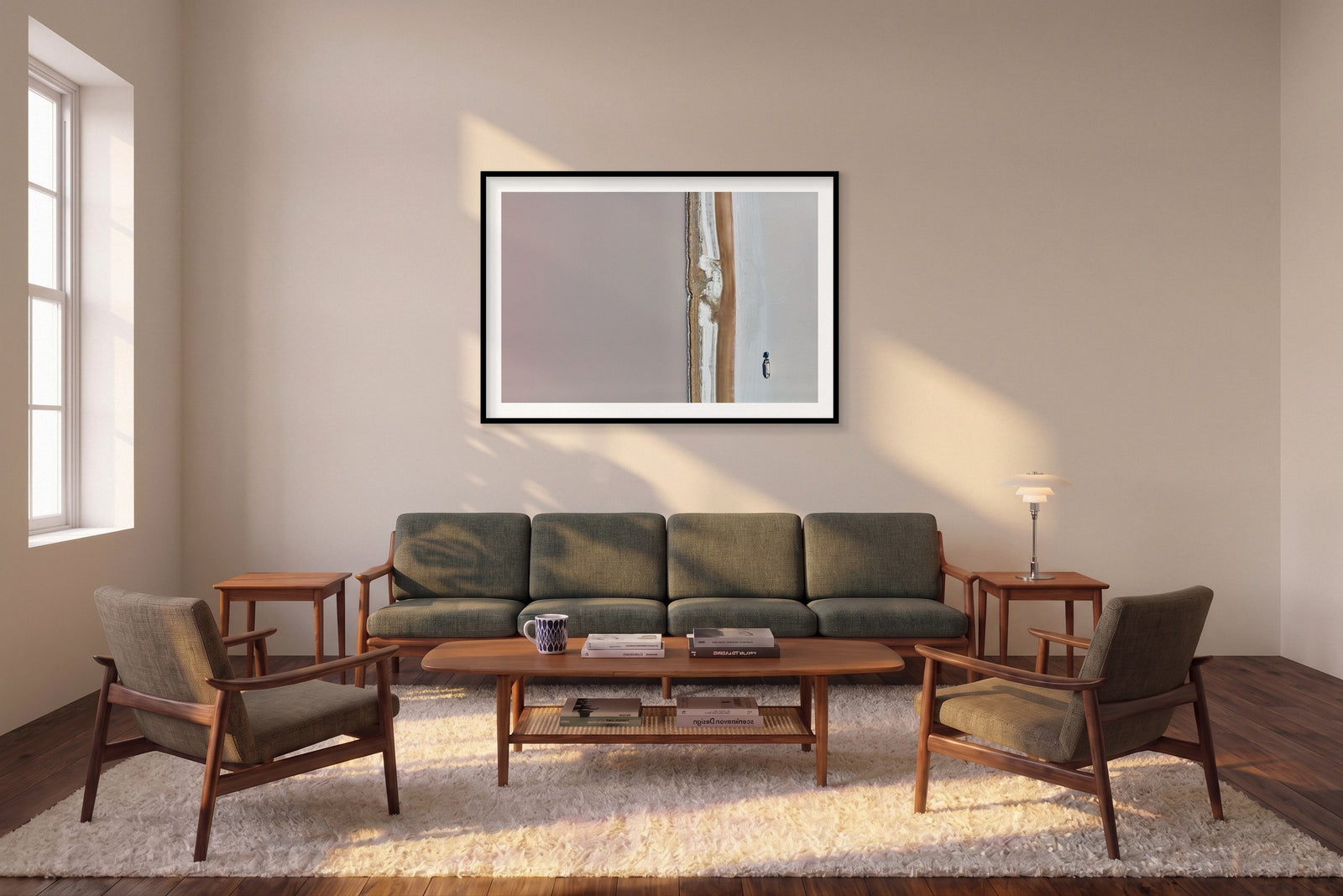 Salt Collection, Great Salt Lake, Horizontal Print shown framed in a living room