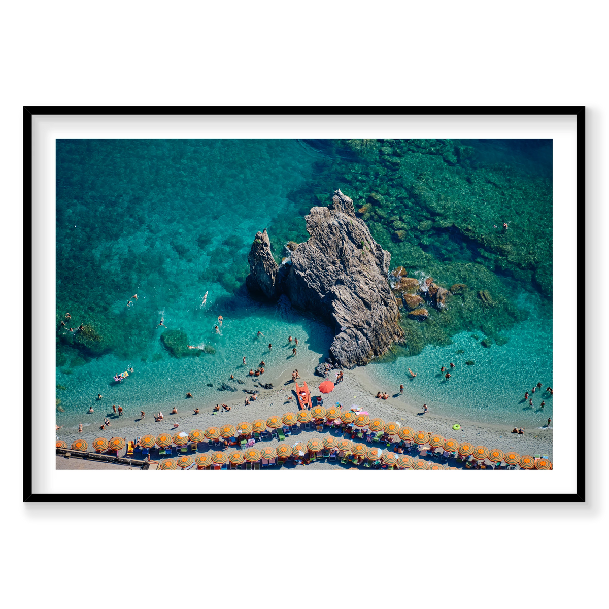Scoglio di Fegina rock surrounded by swimmers and turquoise water, with orange-striped umbrellas at Monterosso al Mare, Cinque Terre, Italy, black frame.