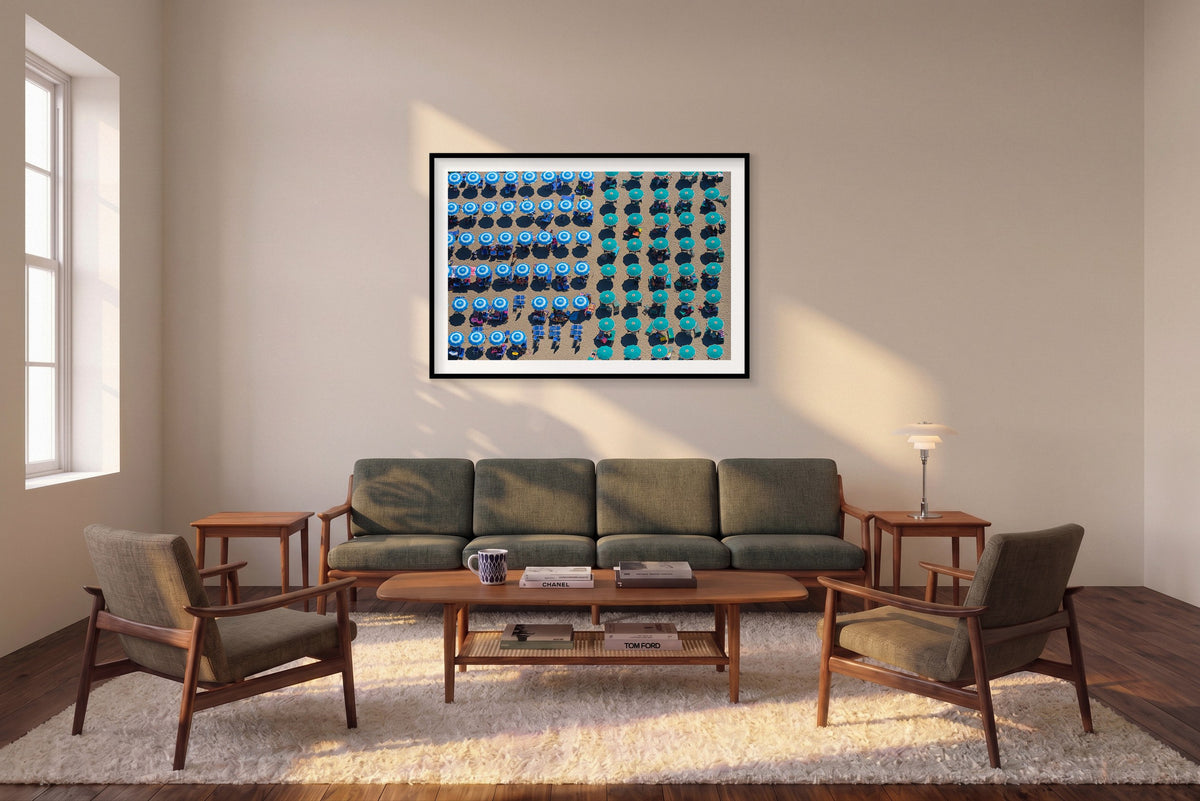 Shade Of Blue, Italy, Horizontal Print shown framed in a living room