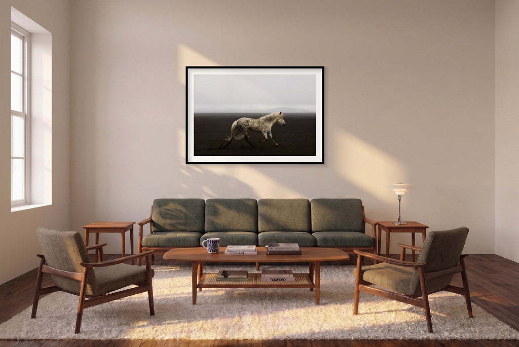 Solo, Iceland, Horizontal Print shown framed in a living room