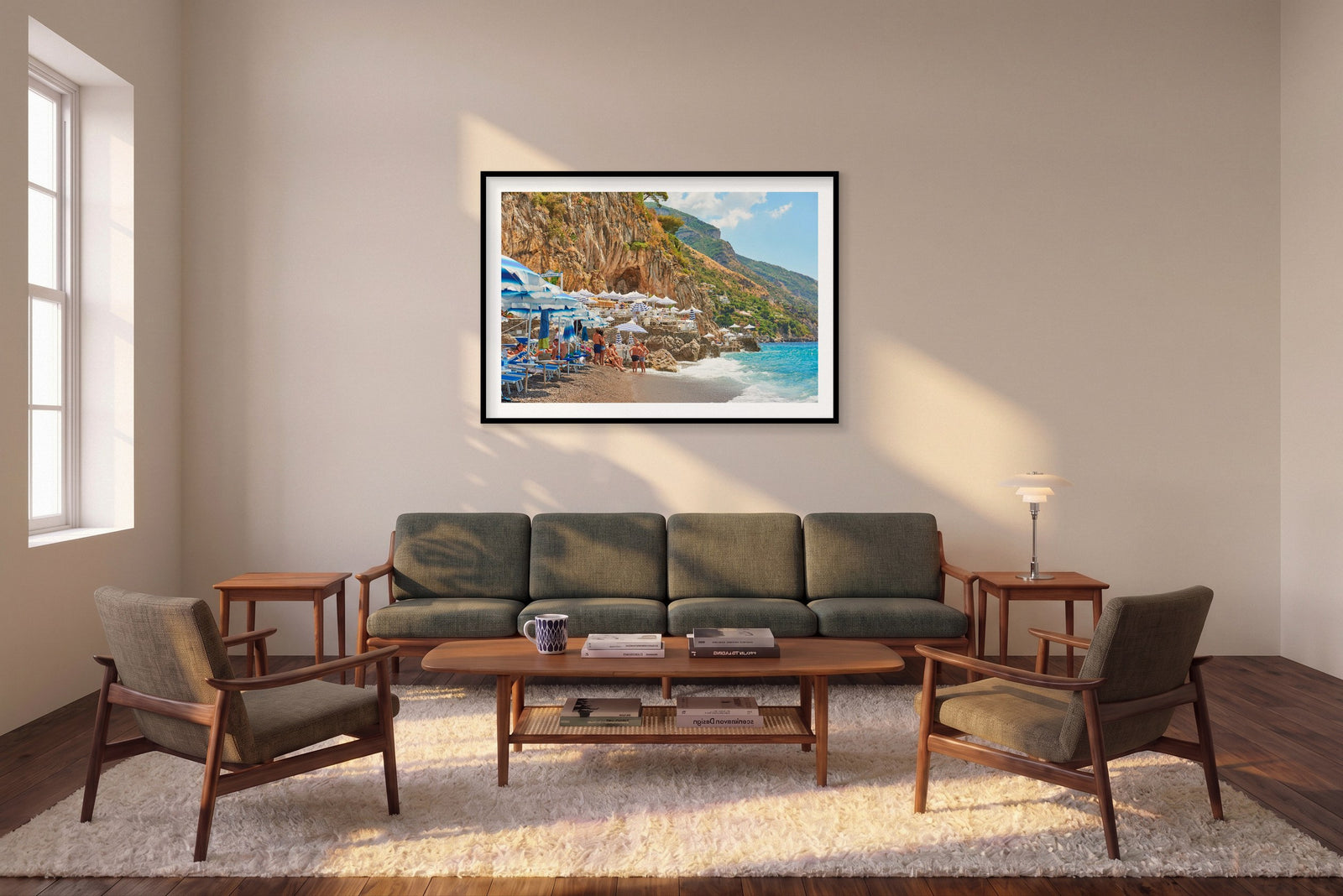 Spiaggia Grande Positano, Amalfi Coast, Horizontal Print shown framed in a living room