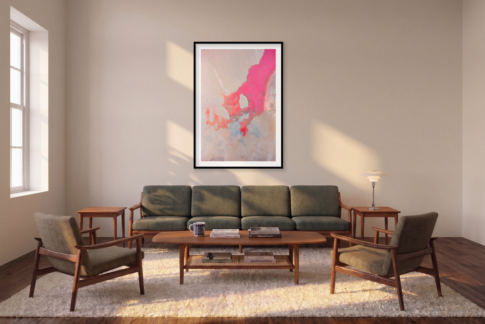 Splatter, Hutt Lagoon, Vertical Print shown framed in a living room
