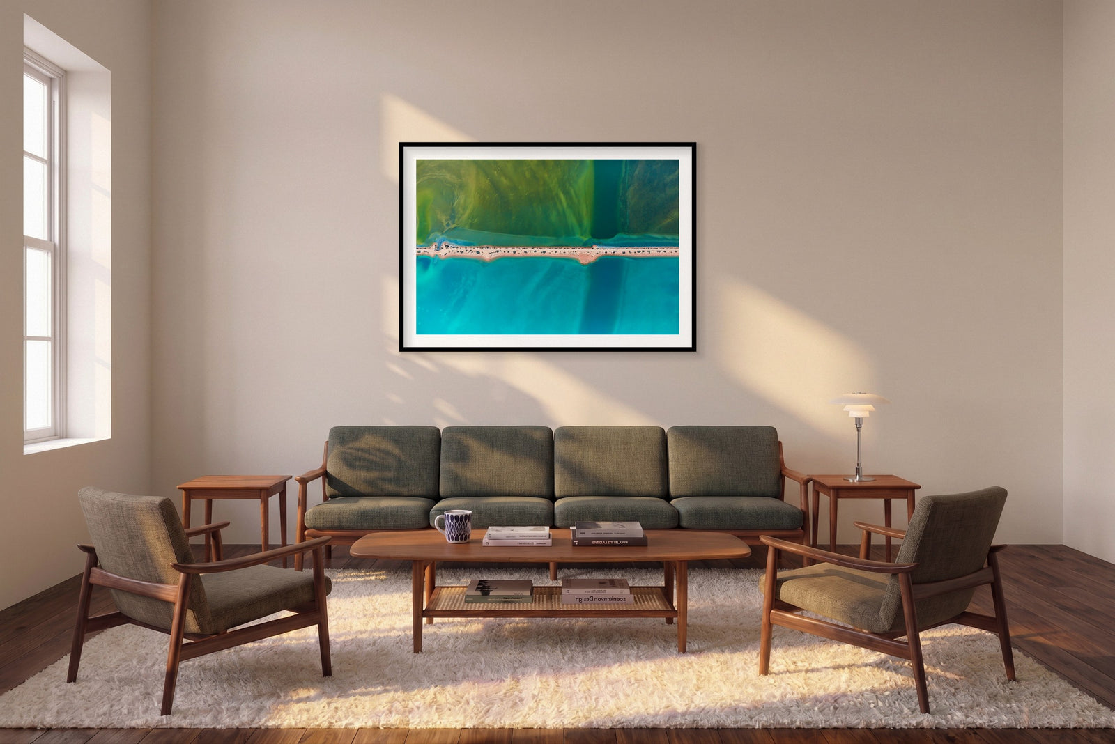 Split, Carrarang, Horizontal Print shown framed in a living room