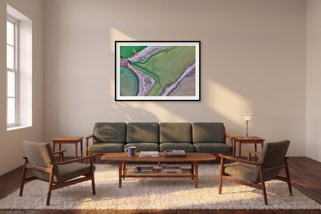 Sulfide, Great Salt Lake, Horizontal Print shown framed in a living room