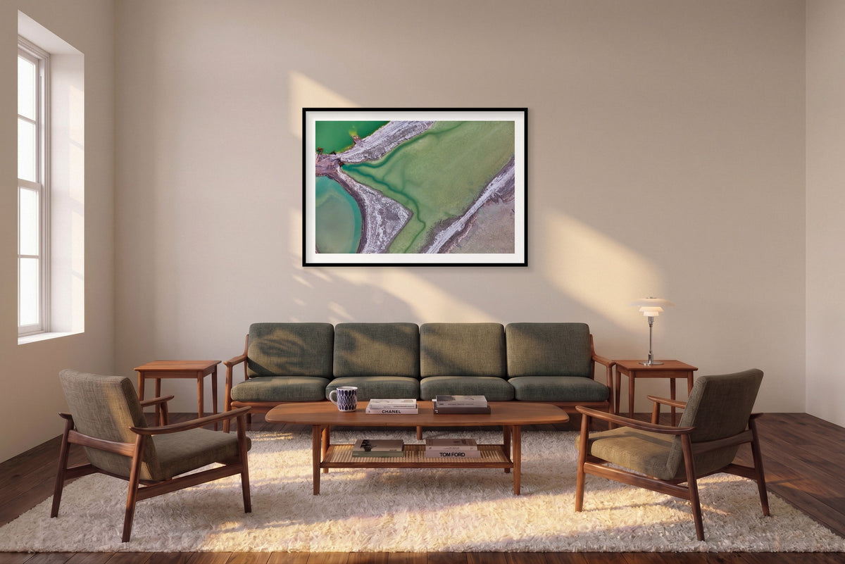 Sulfide, Great Salt Lake, Horizontal Print shown framed in a living room