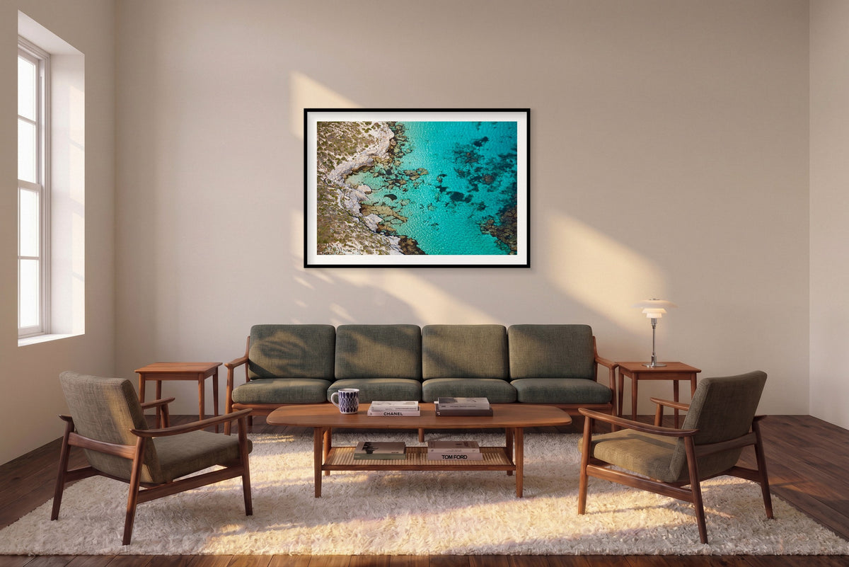 Summer Days, Rottnest Island, WA, Horizontal Print shown framed in a living room