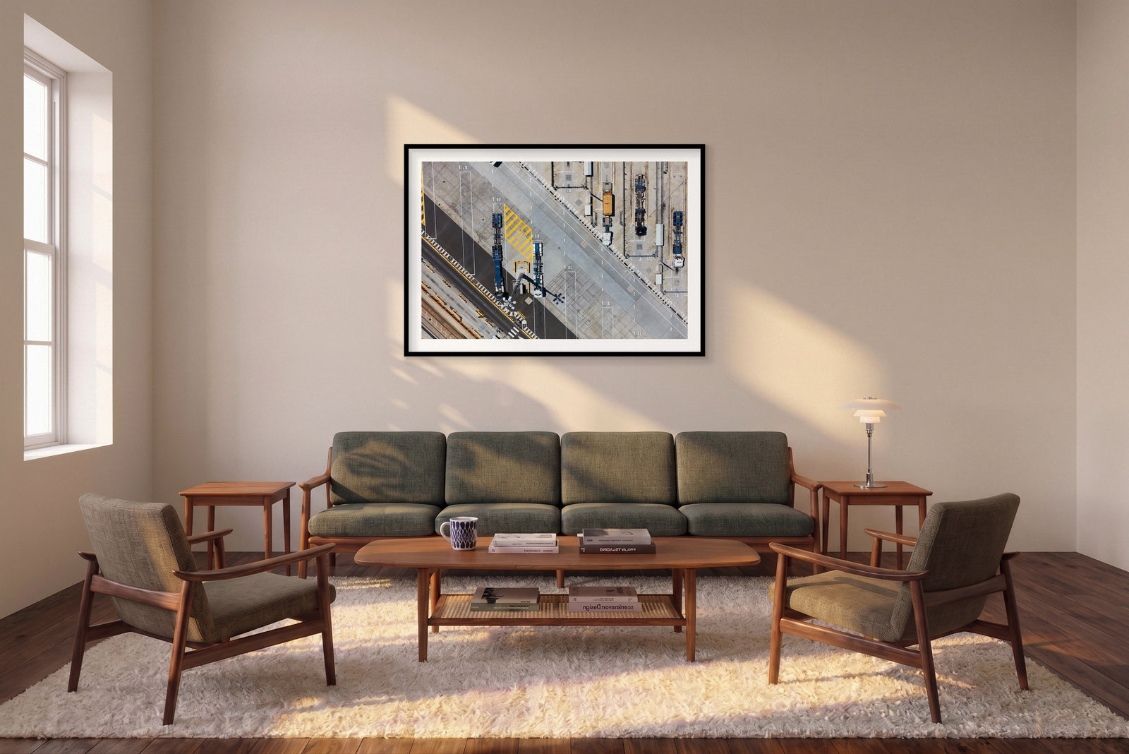 Sun Dial, Botany Bay, Horizontal Print shown framed in a living room