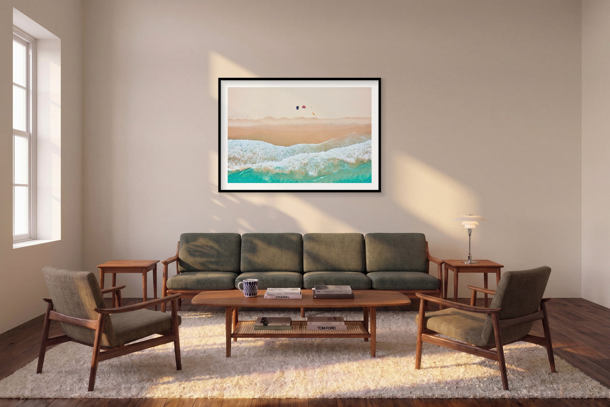 Surf Rescue, Byron Bay, Horizontal Print shown framed in a living room