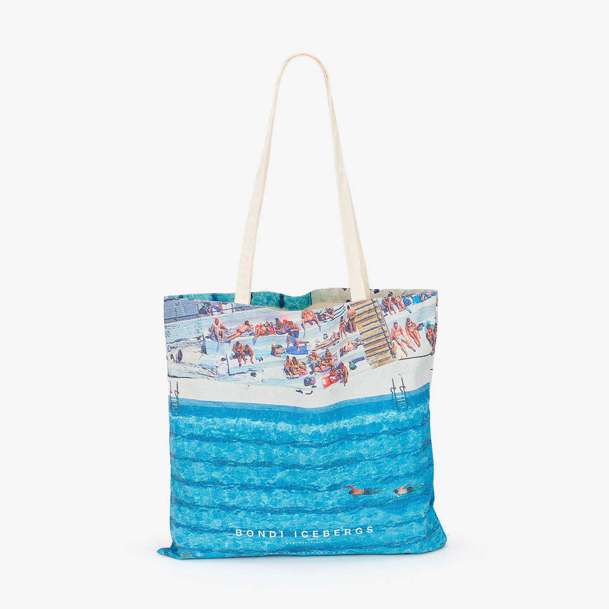 Bondi Beach swimmers aerial view canvas tote bag, canvas tote bag by Remy Gerega