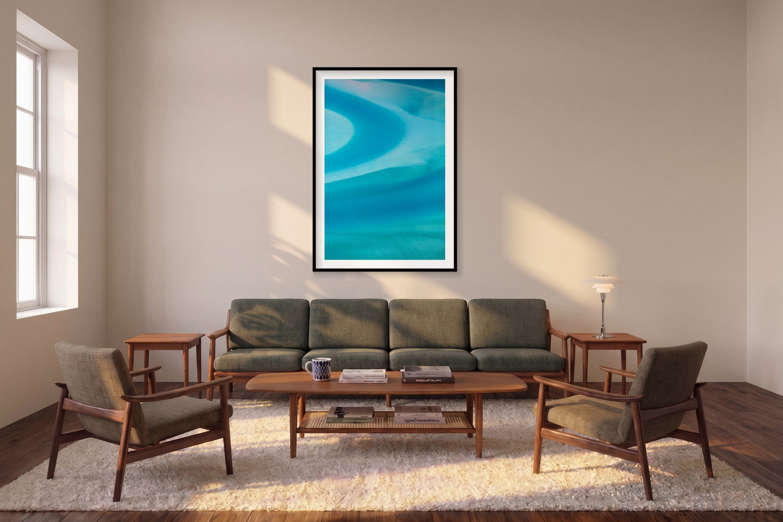 Swirls, Whitehaven Beach, Vertical Print shown framed in a living room