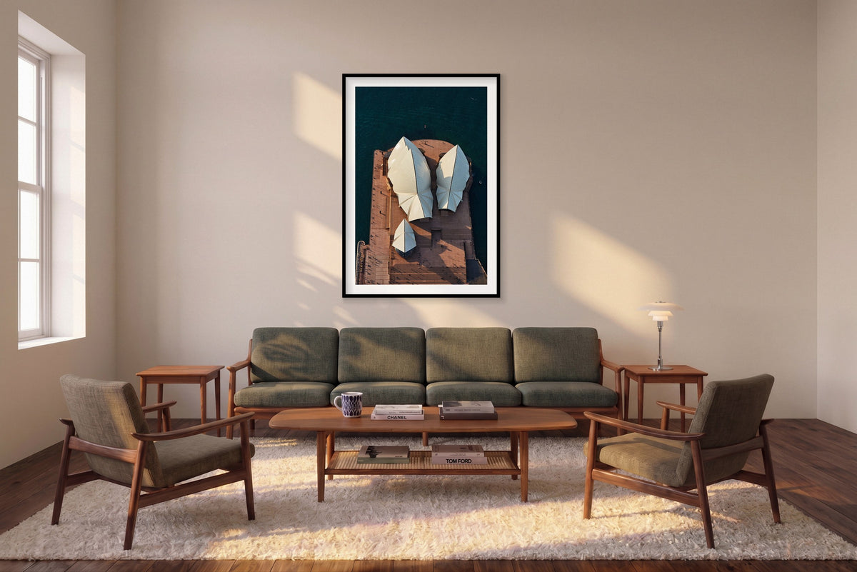 Sydney Opera House #1, Vertical Print shown framed in a living room
