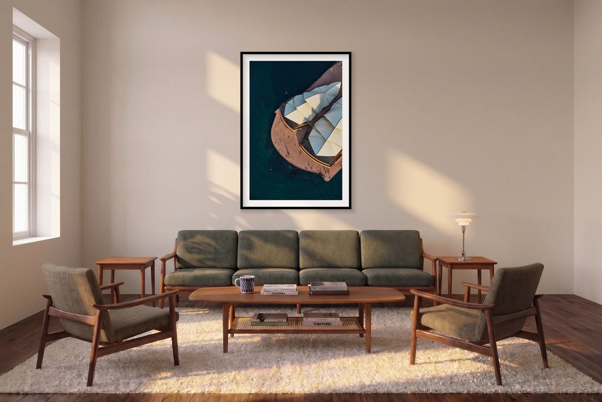 Sydney Opera House #2, Vertical Print shown framed in a living room
