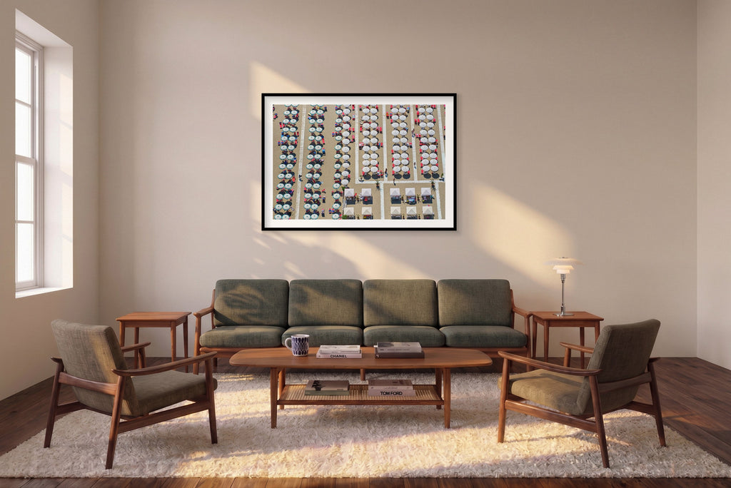 Take A Seat, Italy, Horizontal Print shown framed in a living room