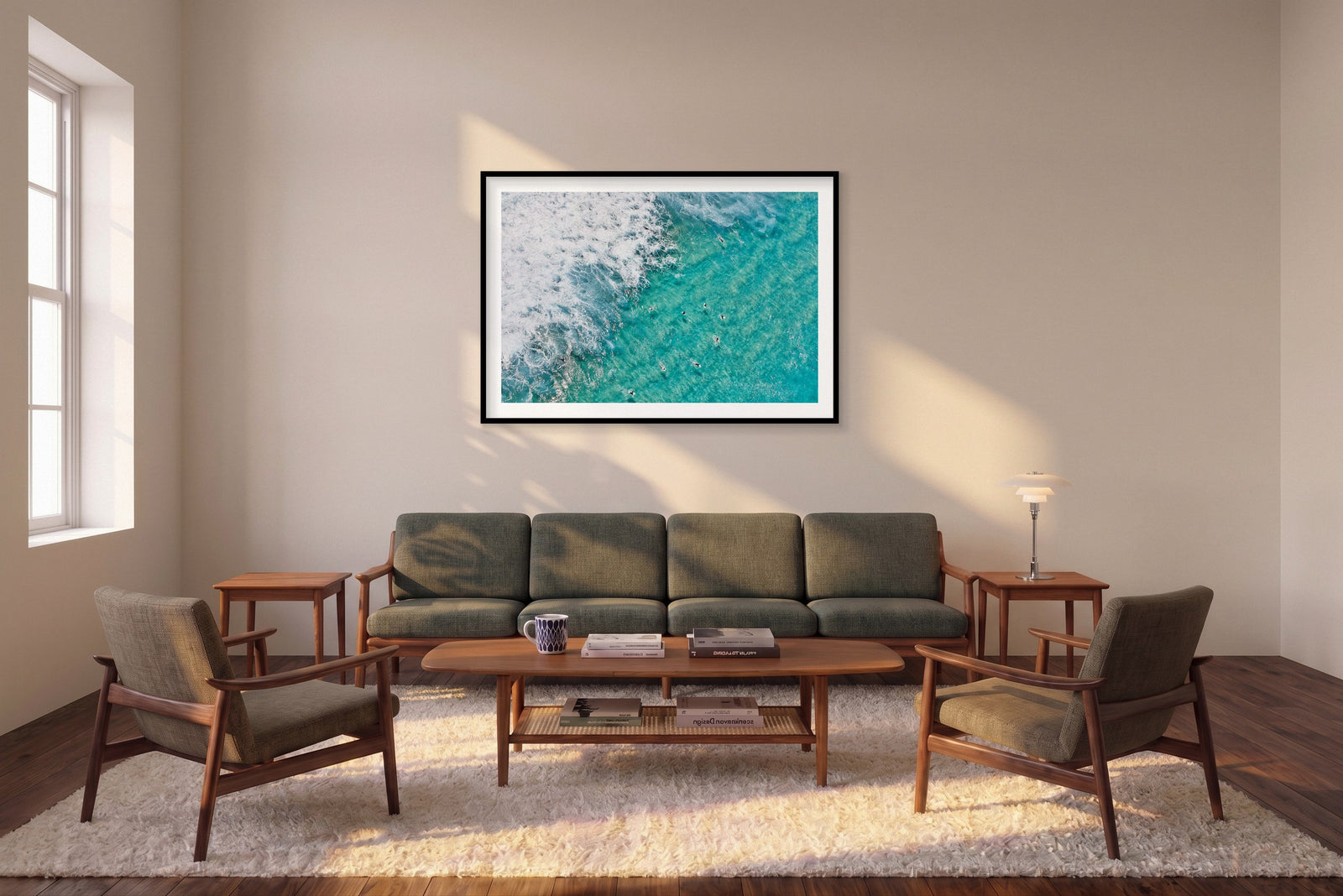 Tamarama Surfers, Horizontal Print shown framed in a living room