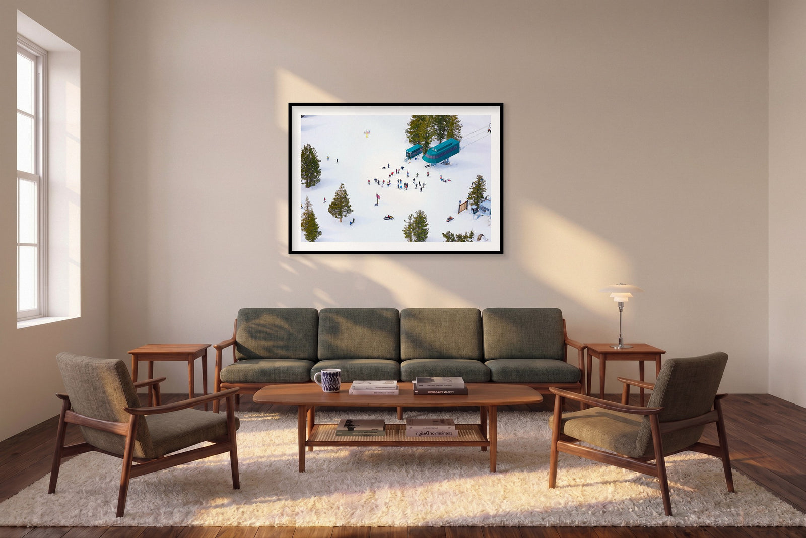 Chairlift, Lake Tahoe, Horizontal Print shown framed in a living room