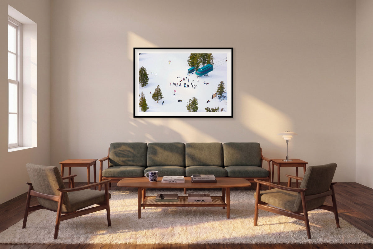 Chairlift, Lake Tahoe, Horizontal Print shown framed in a living room