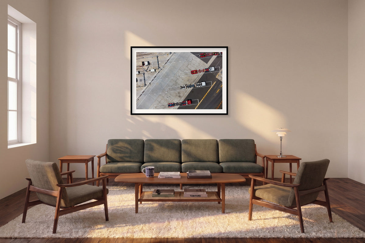 Unloaded, Botany Bay, Horizontal Print shown framed in a living room