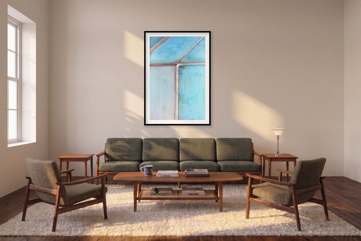 Salt Tracks, Useless Loop, Vertical Print shown framed in a living room
