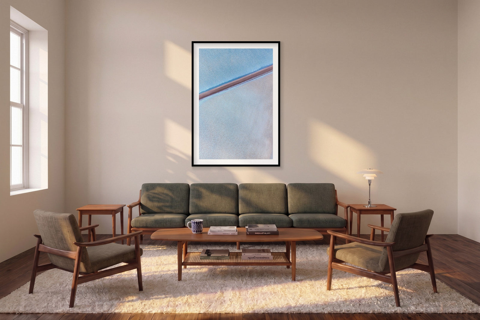 Solar Salt, Useless Loop, Vertical Print shown framed in a living room