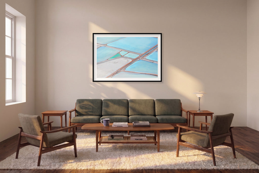 Harvest Fields, Useless Loop, Horizontal Print shown framed in a living room