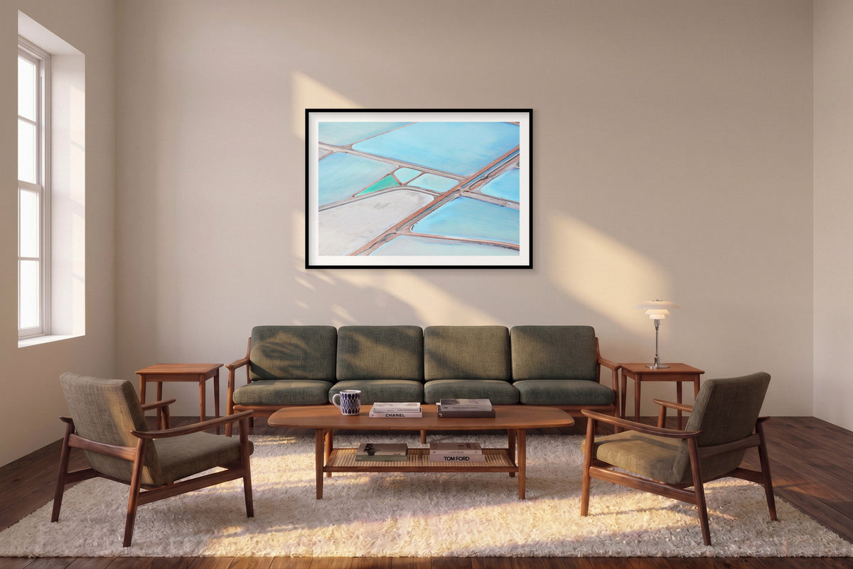 Harvest Fields, Useless Loop, Horizontal Print shown framed in a living room