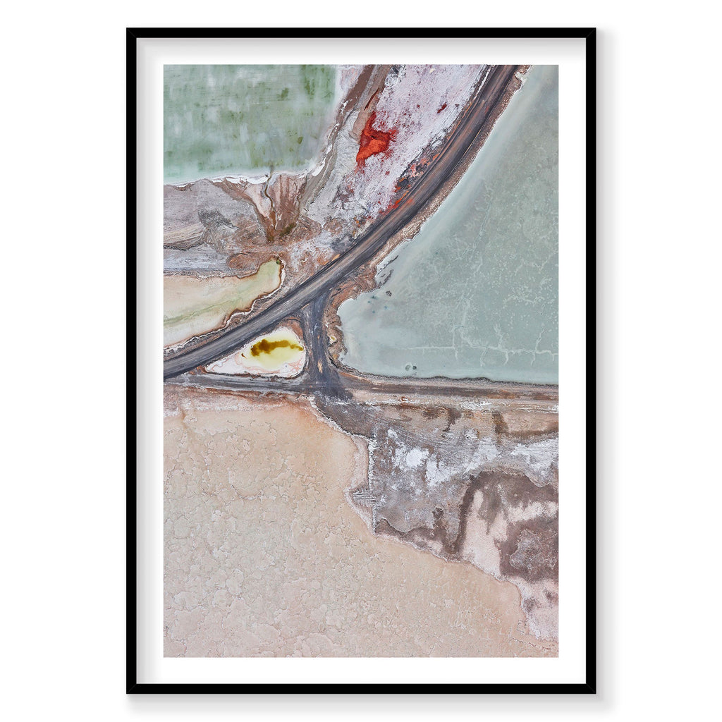 Aerial view of Great Salt Lake extraction ponds with turquoise and red mineral waters, photography print by Remy Gerega