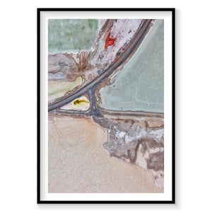 Aerial view of Great Salt Lake extraction ponds with turquoise and red mineral waters, photography print by Remy Gerega