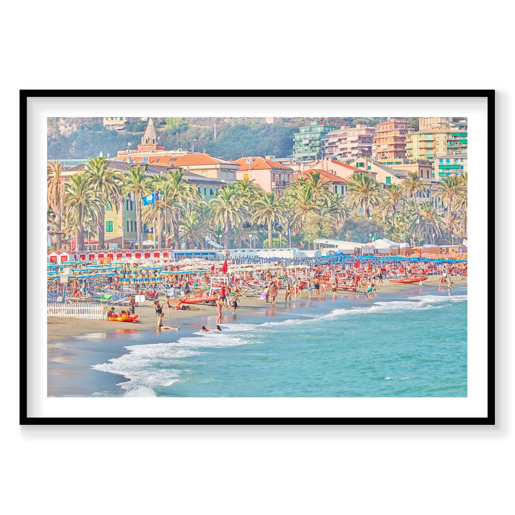 Varazze Beach, Italian Riviera, Horizontal Print, black Victorian Ash frame