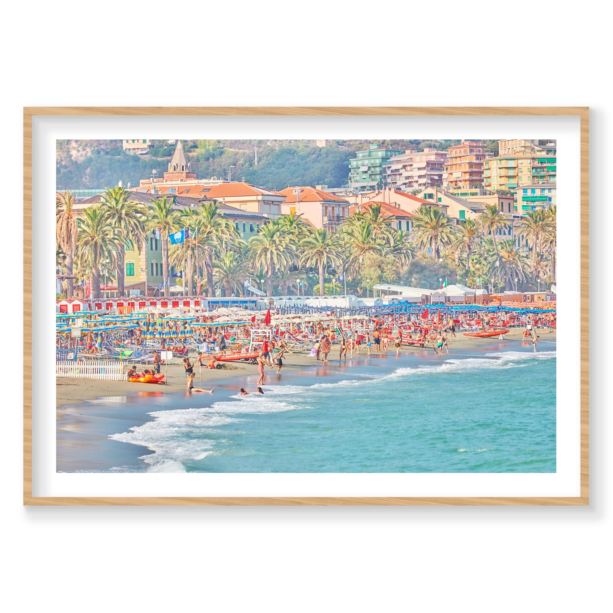 Varazze Beach, Italian Riviera, Horizontal Print, natural Victorian Ash frame