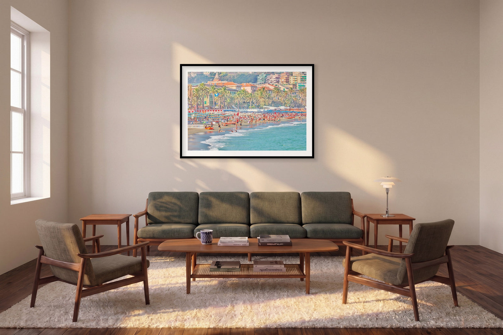 Varazze Beach, Italian Riviera, Horizontal Print shown framed in a living room