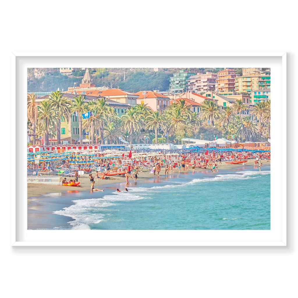 Varazze Beach, Italian Riviera, Horizontal Print, white Victorian Ash frame
