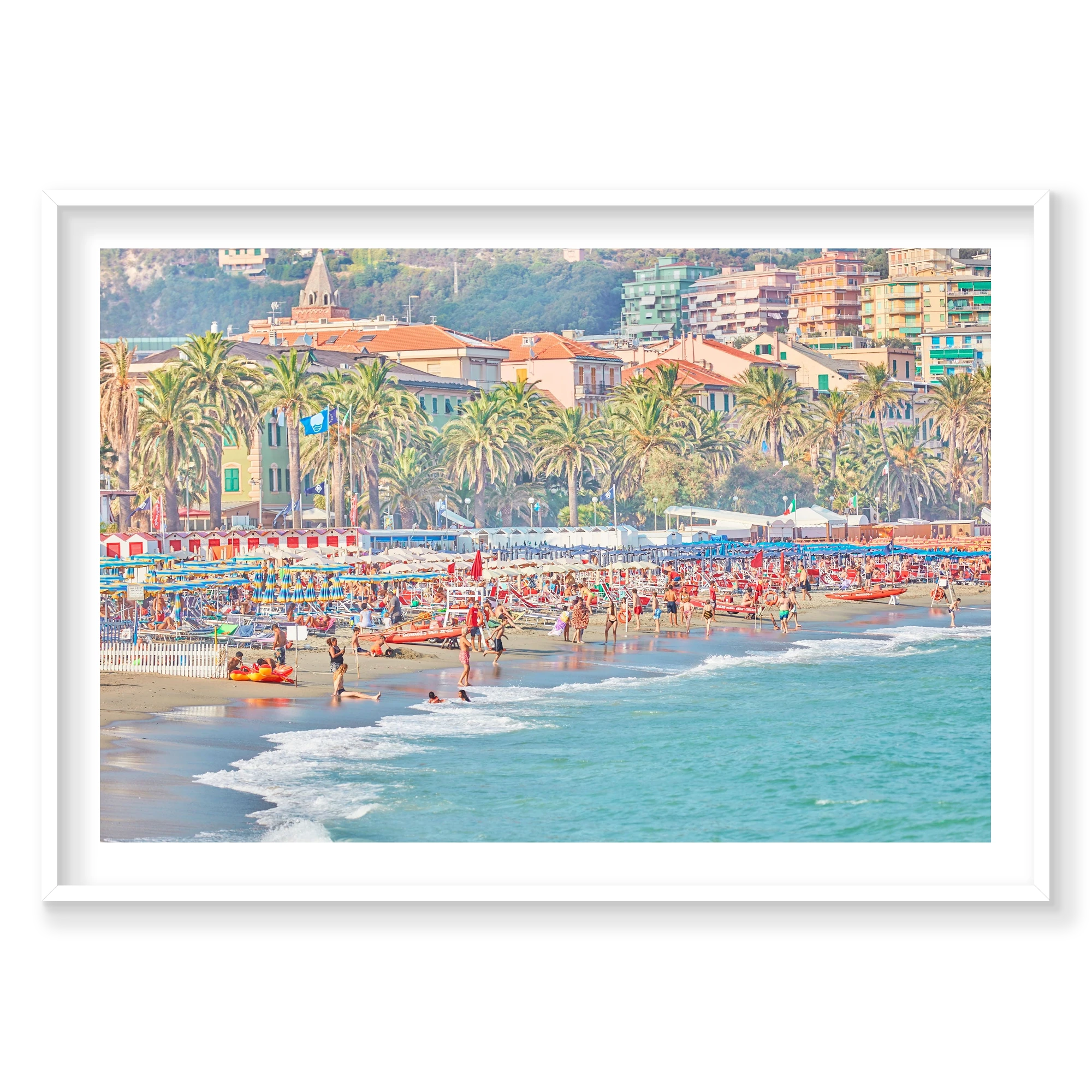 Varazze Beach, Italian Riviera, Horizontal Print, white Victorian Ash frame