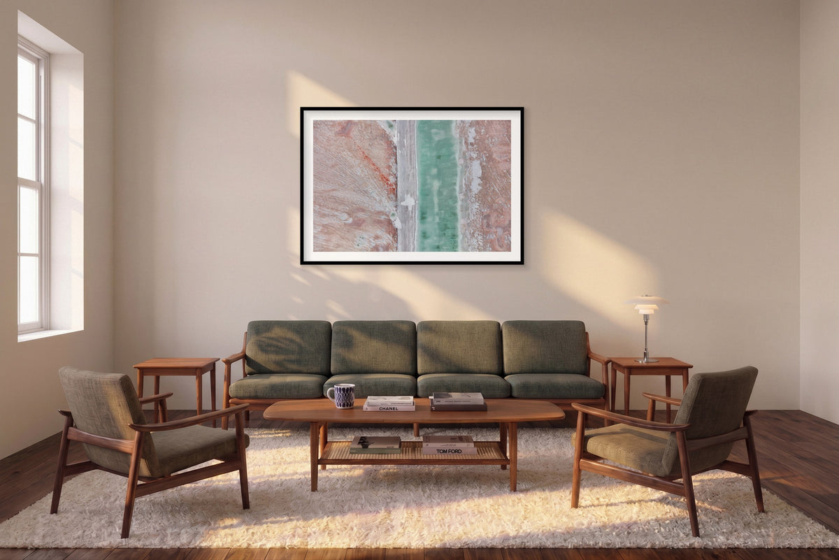 Verdigris, Great Salt Lake, Horizontal Print shown framed in a living room