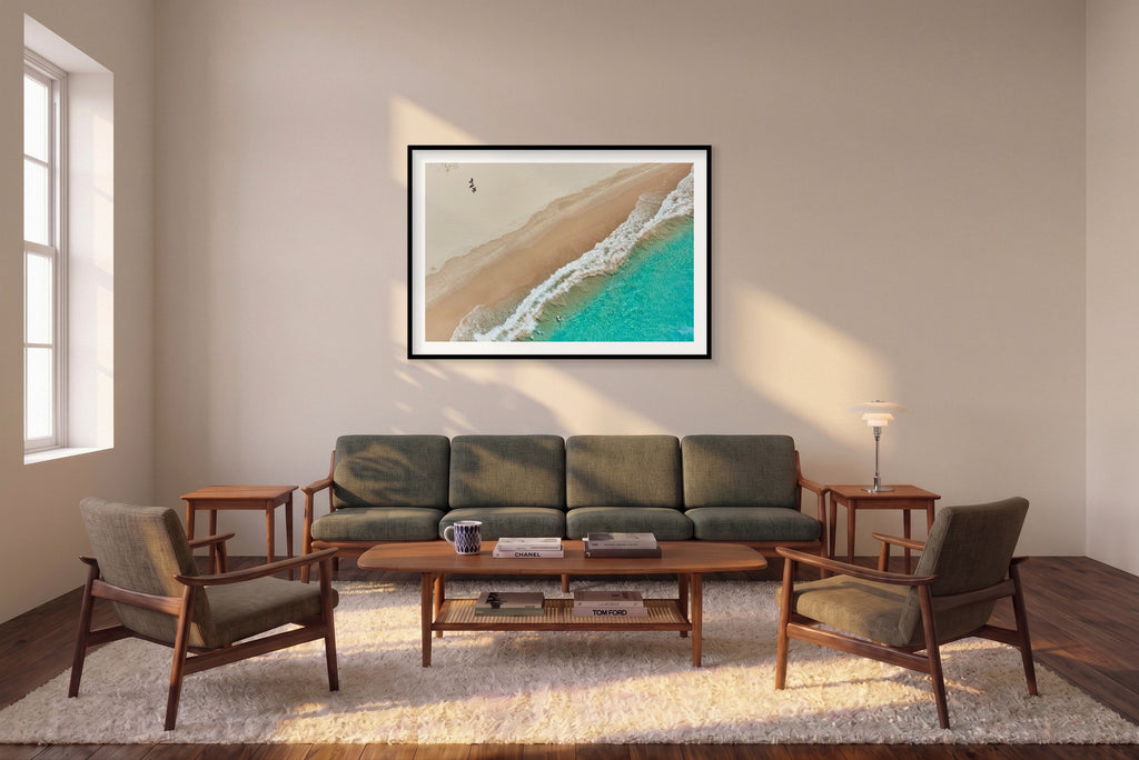 Wategos Surfers, Byron Bay, Horizontal Print shown framed in a living room