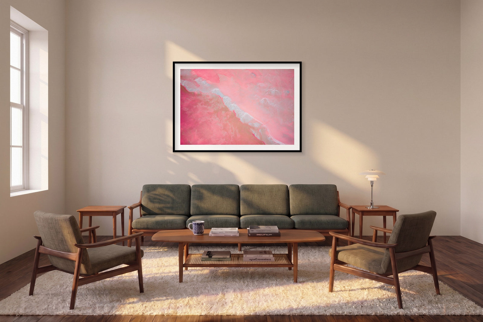 Watercolour, Hutt Lagoon, Horizontal Print shown framed in a living room
